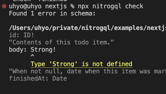 Screenshot of console in which `nitrogql check` is run. The output shows an error message saying `Type 'Strong' is not defined` for the line `body: Strong!` in the schema. 