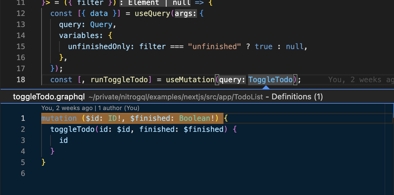 Screenshot of 'Peek Definition' usage in VS Code. Original GraphQL code is shown as a definition of a mutation operation document.