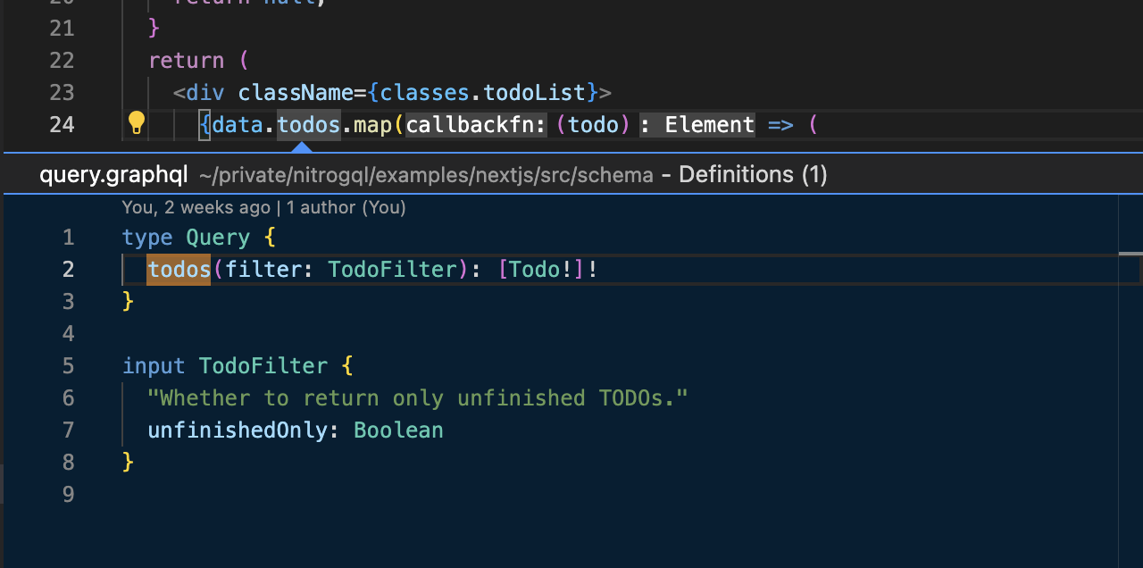 Screenshot of 'Peek Definition' usage in VS Code. For data fetched from the GraphQL server, GraphQL schema is shown as a definition of its type.